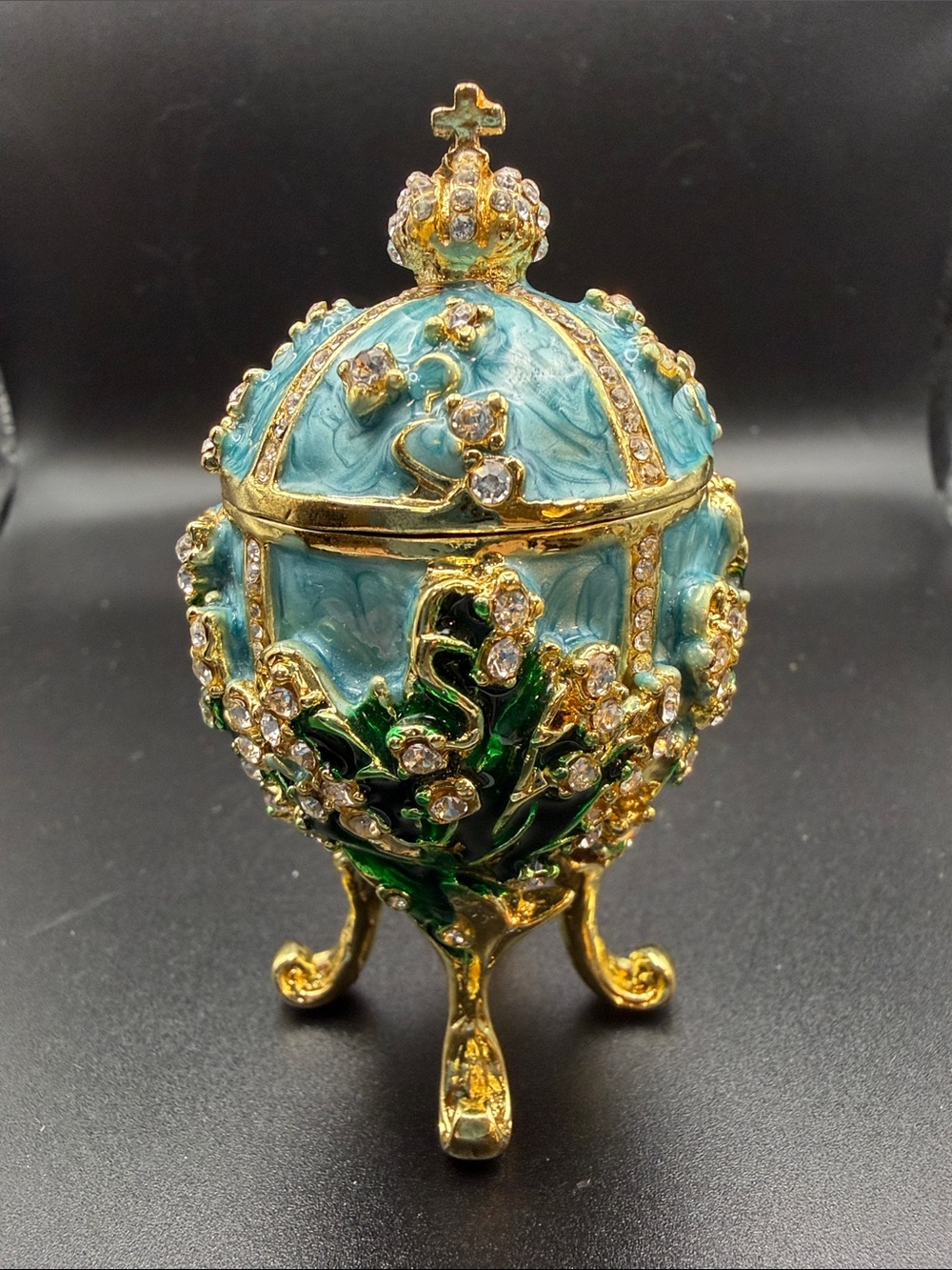 Faberge Style handmade enamel trinket box. Decorated with lilies of the valley